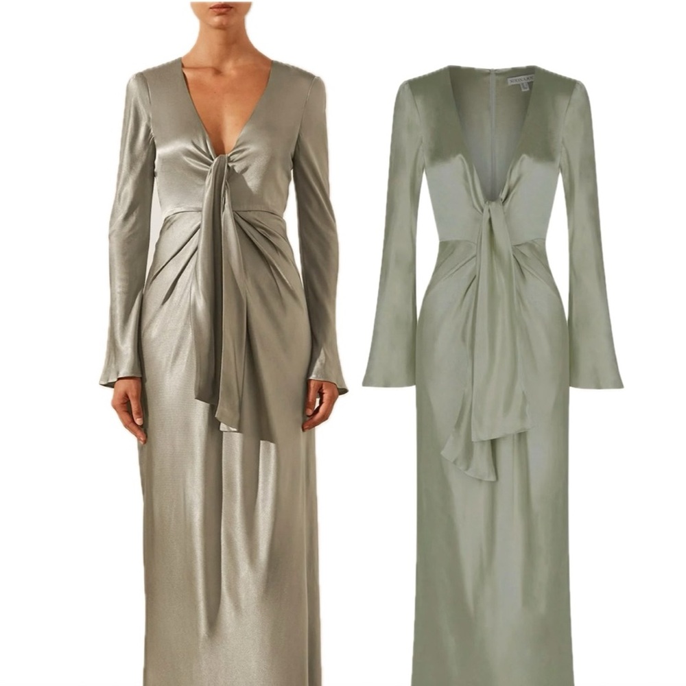 La Lune Plunged Tie Front Midi Dress - Sage